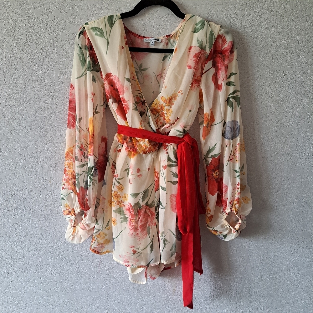 Fashion Nova Cream Floral Jumpsuit with Red Belt - Picture 2 of 5